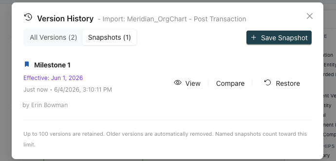 SingleFile Org Charts Version History panel with a saved milestone Snapshot and restore controls